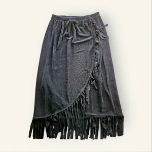 Chico's Travelers Slinky Wrinkle Free Fringe Faux Wrap Midi Skirt in Black S/4