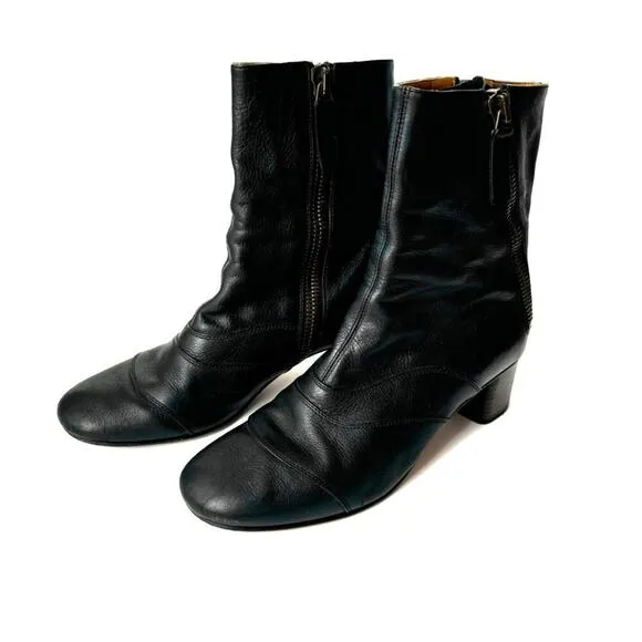 Chloé Black Leather Ankle Boots Size 9.5 With Side Zipper &amp; Block Heel - COA