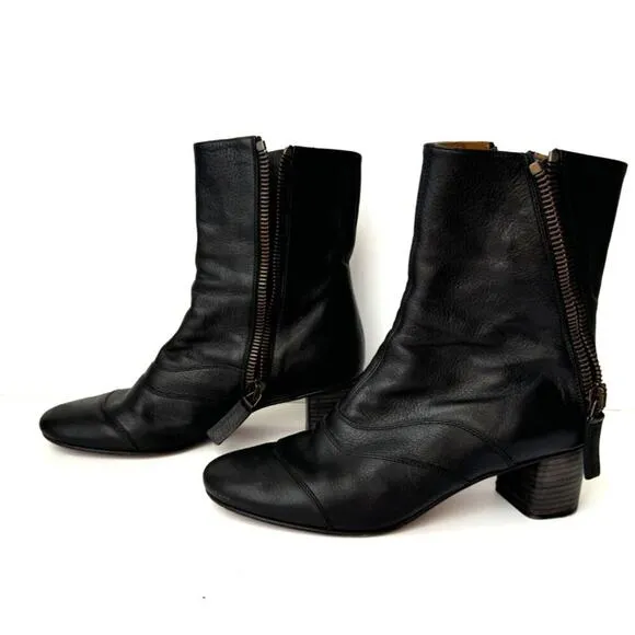 Chloé Black Leather Ankle Boots Size 9.5 With Side Zipper &amp; Block Heel - COA