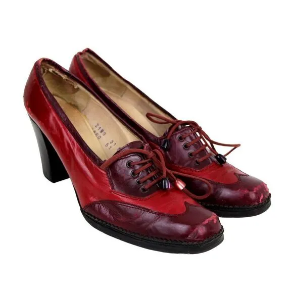 Christian Dior RED BURGUNDY GENUINE LEATHER MID HEEL ROUND TOE PUMP SHOES Size 9