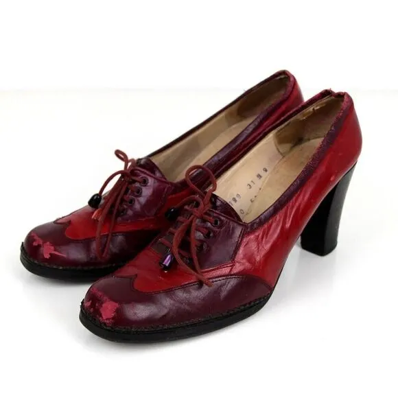 Christian Dior RED BURGUNDY GENUINE LEATHER MID HEEL ROUND TOE PUMP SHOES Size 9