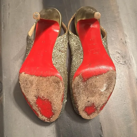 CHRISTIAN LOUBOUTIN Glitter Sling-back Platform Heels Shoes SIZE 38 gold Red ♥️