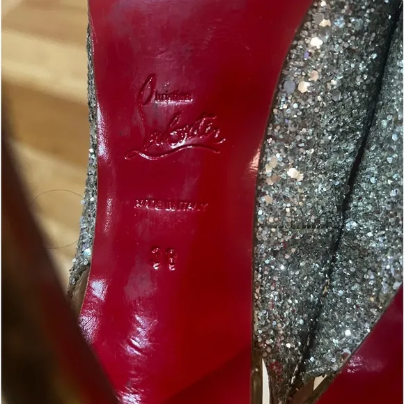 CHRISTIAN LOUBOUTIN Glitter Sling-back Platform Heels Shoes SIZE 38 gold Red ♥️