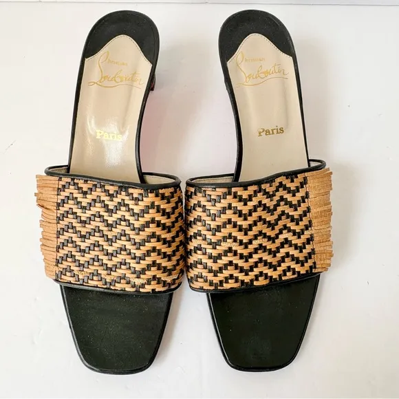 Christian Louboutin Tan Black Woven Leather Fringe Kitten Heel Sandals S…