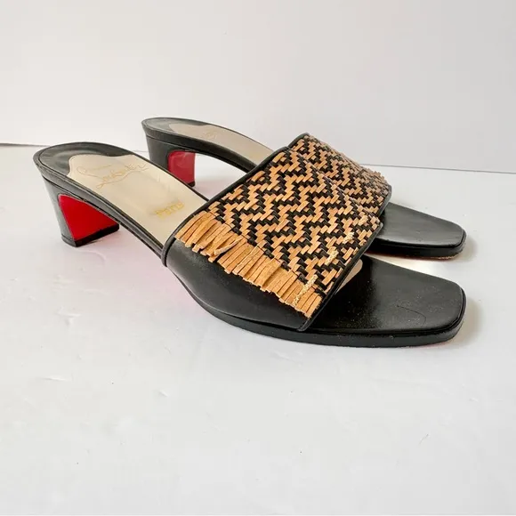 Christian Louboutin Tan Black Woven Leather Fringe Kitten Heel Sandals S…