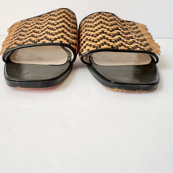 Christian Louboutin Tan Black Woven Leather Fringe Kitten Heel Sandals S…