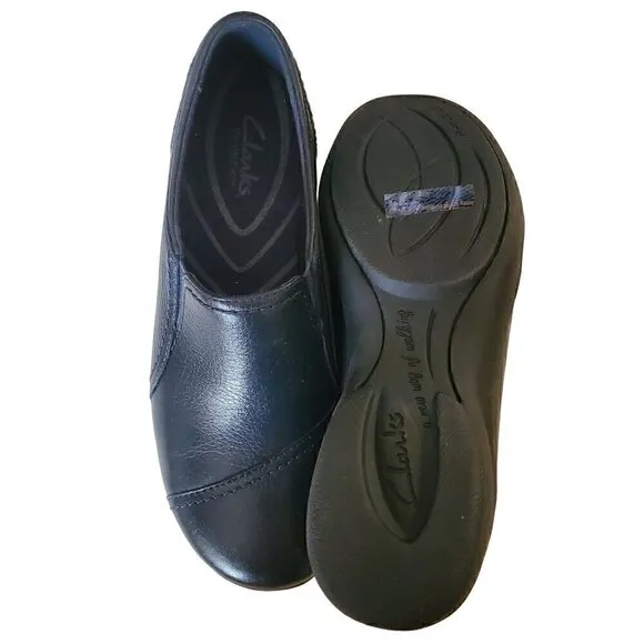 Clarks In Motion Navy Blue Leather Shoes, Woman's Slip On Shoes