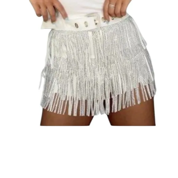 Cloud Ten White Rhinestone Fringe Mini Shorts