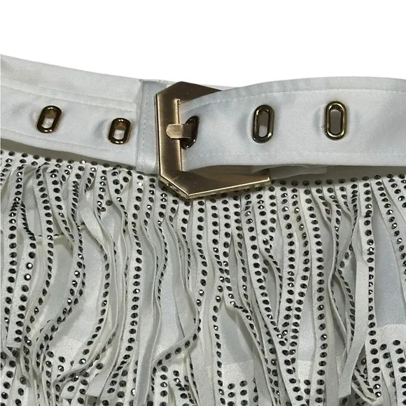 Cloud Ten White Rhinestone Fringe Mini Shorts