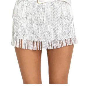 Cloud Ten White Rhinestone Fringe Mini Shorts