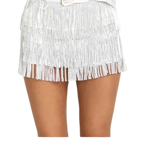 Cloud Ten White Rhinestone Fringe Mini Shorts
