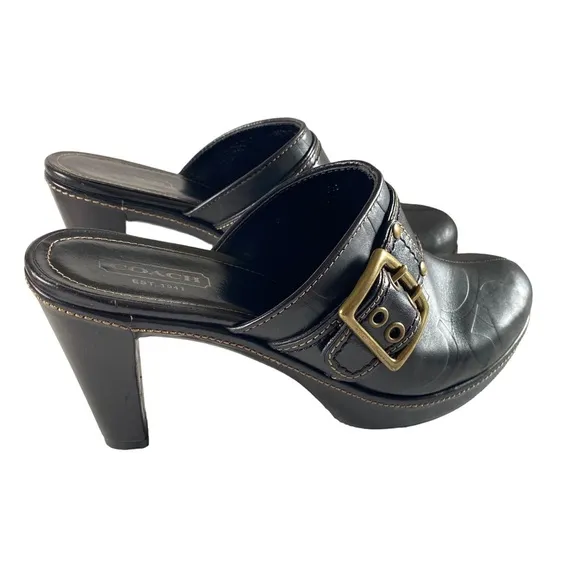Coach Candace Black Leather  Platform Heel Mules Clogs Shoes 10 B ( SH8)