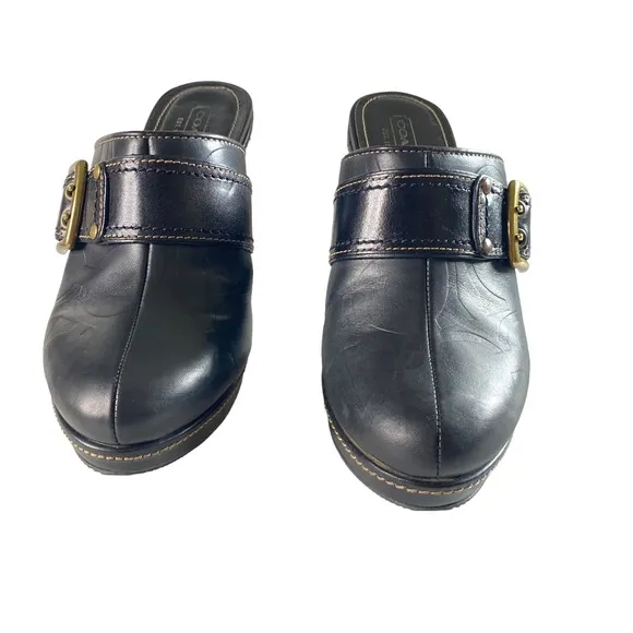 Coach Candace Black Leather  Platform Heel Mules Clogs Shoes 10 B ( SH8)
