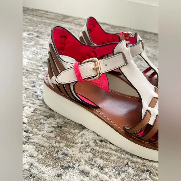 Coach Putnam Huarache Leather Sandals Size 9 B Platform Wedge White Tan pink