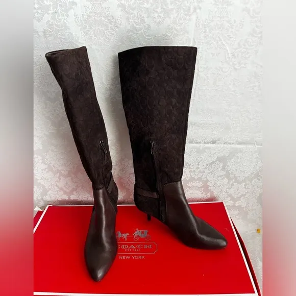 COACH Signature “C” Leather &amp; Suede Brown Boots, EUC