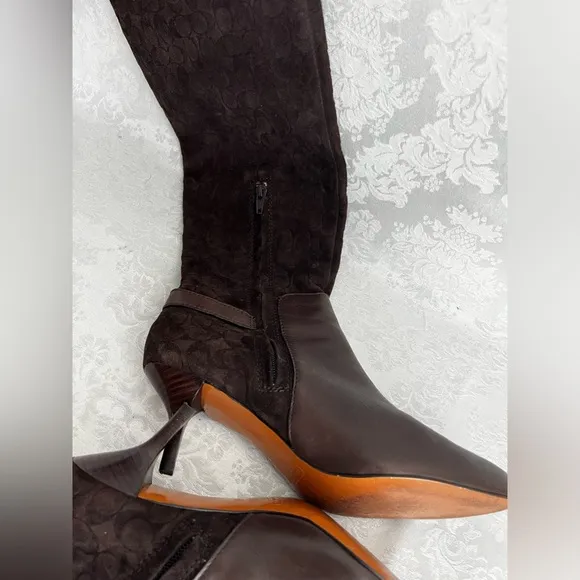 COACH Signature “C” Leather &amp; Suede Brown Boots, EUC
