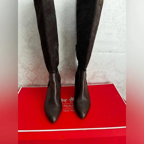 COACH Signature “C” Leather &amp; Suede Brown Boots, EUC