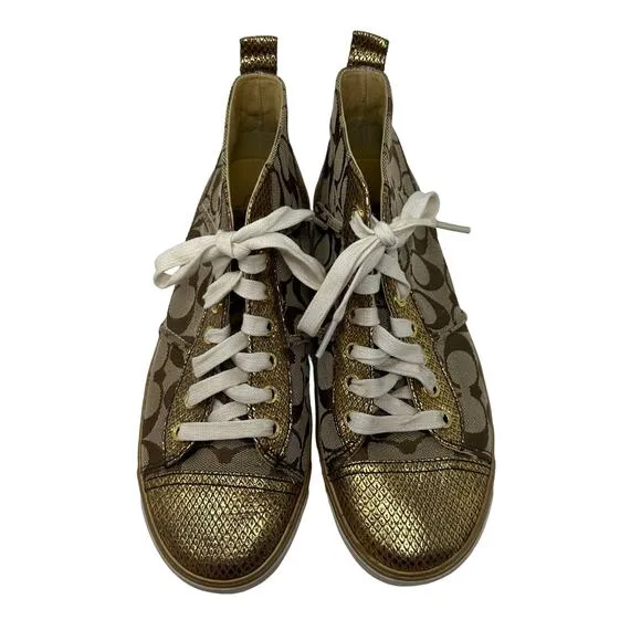 Coach Sneakers Women's Size 8.5 Indiana High Top Monogram Brown Gold