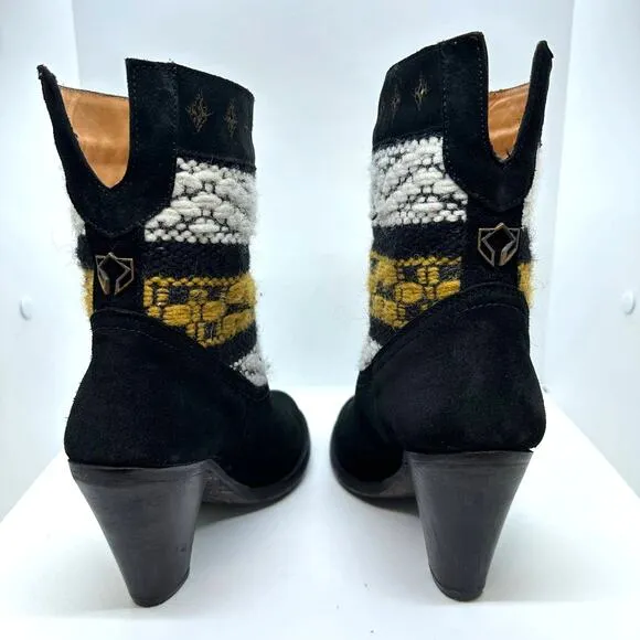 COBRA SOCIETY Canon Black Embroidered White Yellow Wool Shaft Ankle Boots sz 37