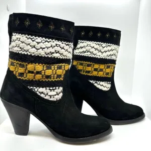 COBRA SOCIETY Canon Black Embroidered White Yellow Wool Shaft Ankle Boots sz 37