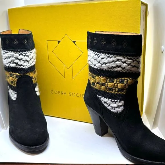 COBRA SOCIETY Canon Black Embroidered White Yellow Wool Shaft Ankle Boots sz 37