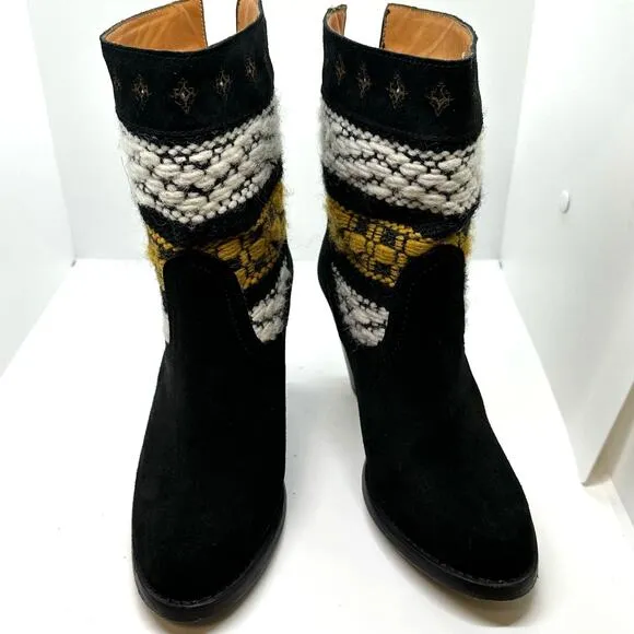 COBRA SOCIETY Canon Black Embroidered White Yellow Wool Shaft Ankle Boots sz 37