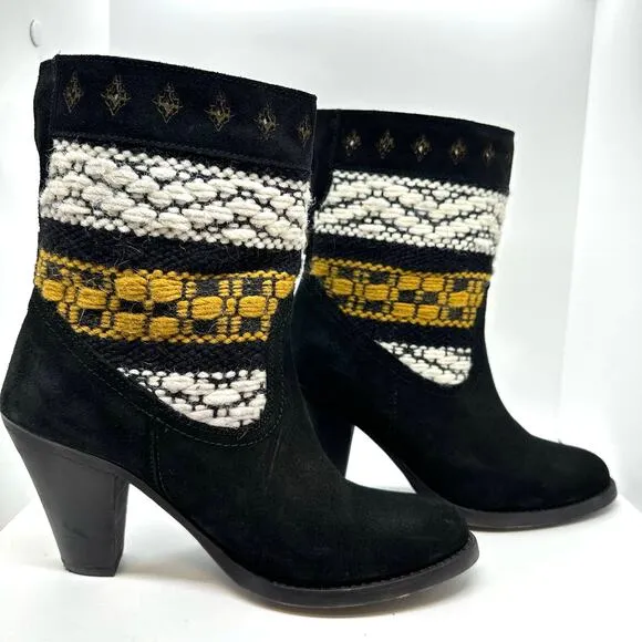 COBRA SOCIETY Canon Black Embroidered White Yellow Wool Shaft Ankle Boots sz 37