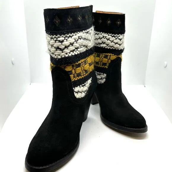COBRA SOCIETY Canon Black Embroidered White Yellow Wool Shaft Ankle Boots sz 37