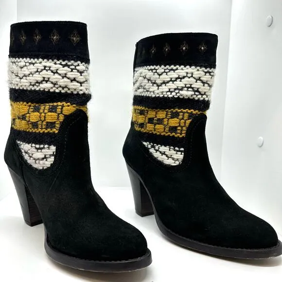 COBRA SOCIETY Canon Black Embroidered White Yellow Wool Shaft Ankle Boots sz 37