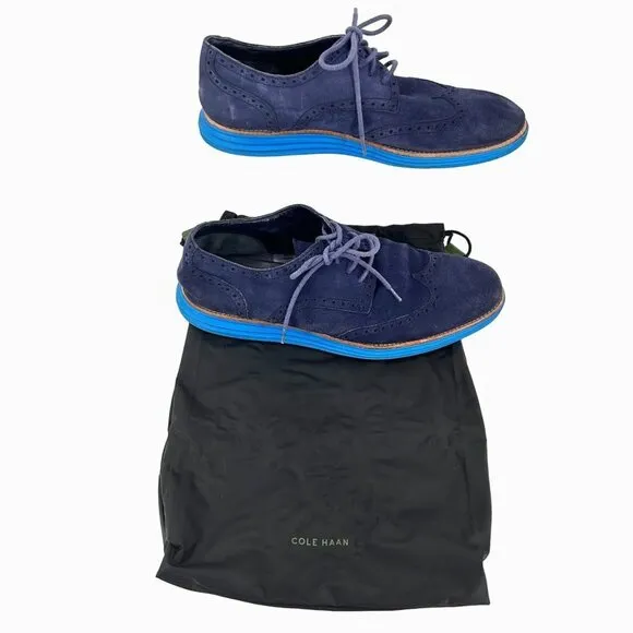 COLE HAAN BLUE SUEDE LUNAGRAND LUNARLON WINGTIP OXFORD LOAFER  w/ BAG