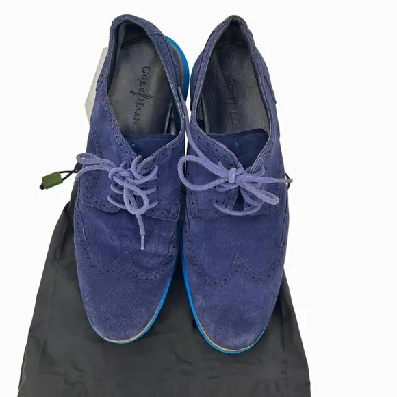 COLE HAAN BLUE SUEDE LUNAGRAND LUNARLON WINGTIP OXFORD LOAFER  w/ BAG