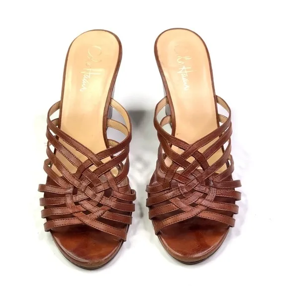 Cole Haan brown woven leather open toed wedge sandals 9
