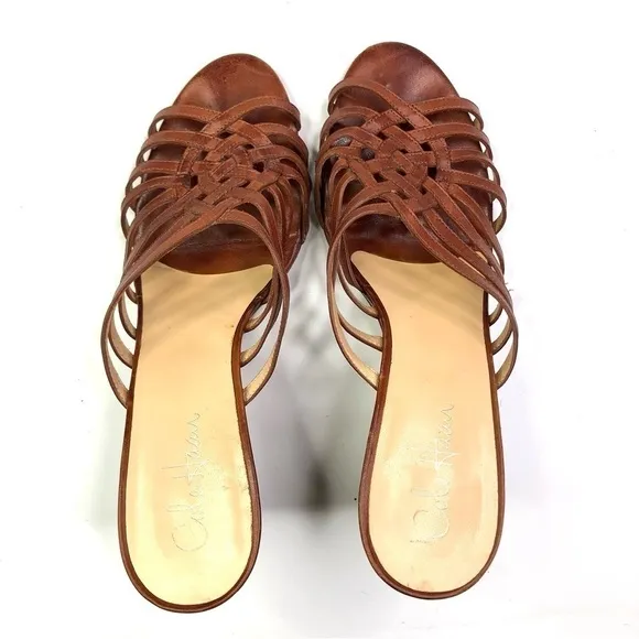 Cole Haan brown woven leather open toed wedge sandals 9