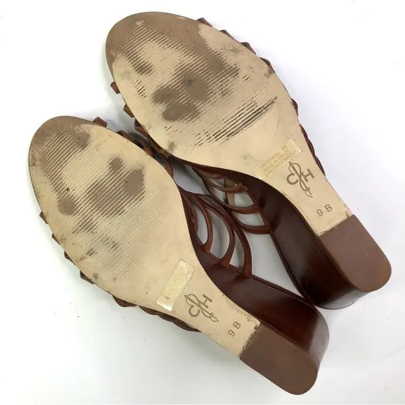 Cole Haan brown woven leather open toed wedge sandals 9