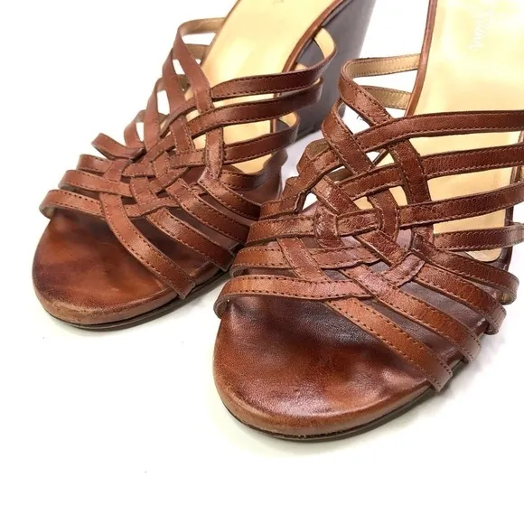 Cole Haan brown woven leather open toed wedge sandals 9