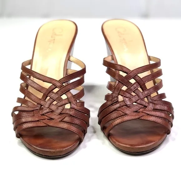 Cole Haan brown woven leather open toed wedge sandals 9
