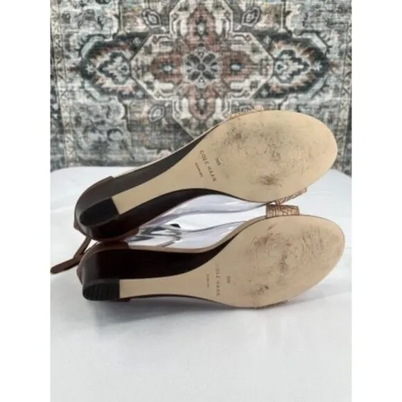 Cole Haan Genevieve Weave Wedge Sandals Size 9.5B Tan Brown Leather