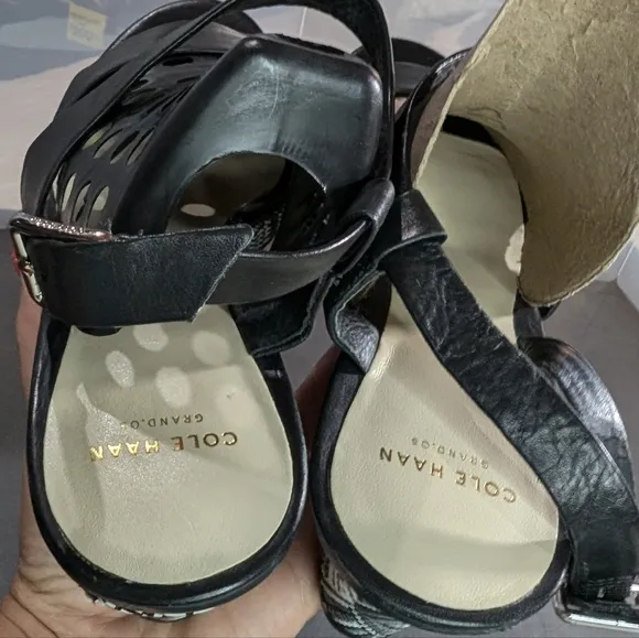 Cole Haan Ravenna 8 black leather slingback wedge .5&quot;-2.5&quot; woven platform heels