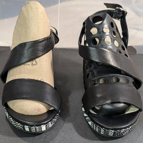 Cole Haan Ravenna 8 black leather slingback wedge .5&quot;-2.5&quot; woven platform heels
