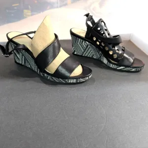 Cole Haan Ravenna 8 black leather slingback wedge .5&quot;-2.5&quot; woven platform heels
