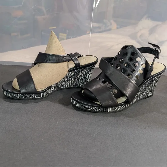 Cole Haan Ravenna 8 black leather slingback wedge .5&quot;-2.5&quot; woven platform heels