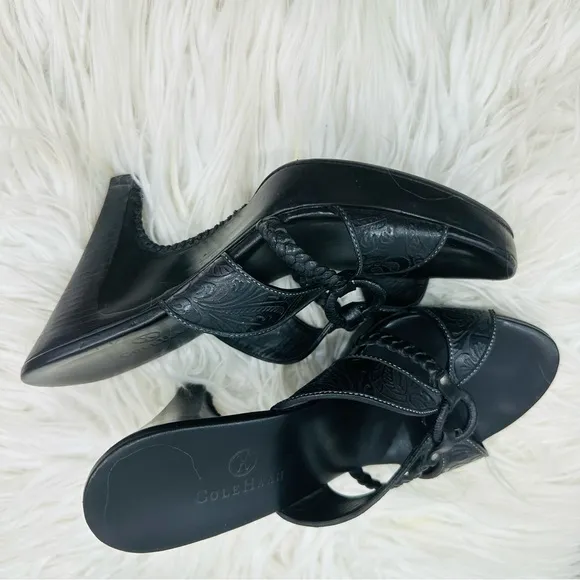 Cole Haan Shoes | Cole Haan Kenna Tooled Braided Slides Black Leather Women’s 6