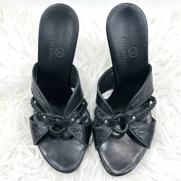 Cole Haan Shoes | Cole Haan Kenna Tooled Braided Slides Black Leather Women’s 6