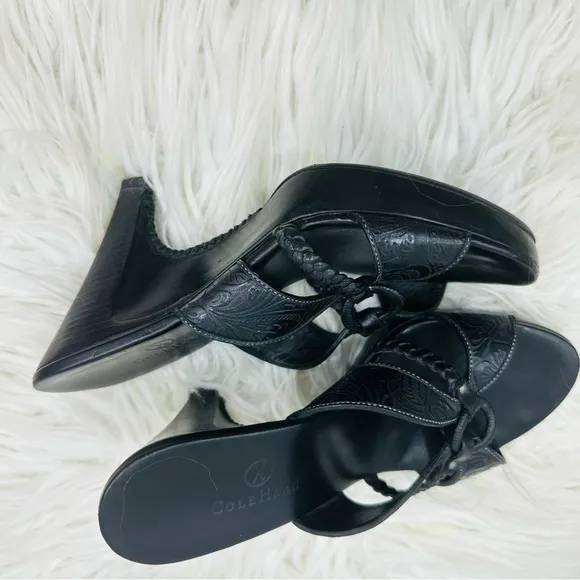 Cole Haan Shoes | Cole Haan Kenna Tooled Braided Slides Black Leather Women’s 6