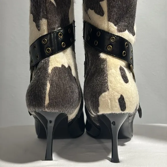 Colin Stuart Black and Cream Cow print Women's Leather Heeled Boots