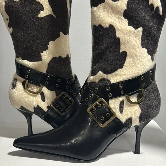 Colin Stuart Black and Cream Cow print Women's Leather Heeled Boots