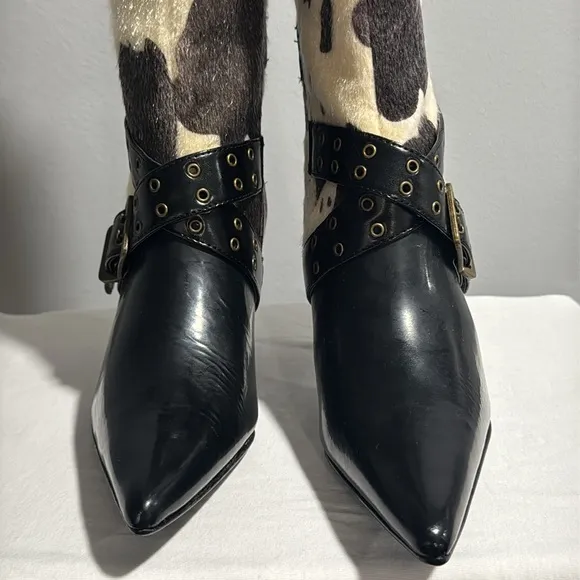Colin Stuart Black and Cream Cow print Women's Leather Heeled Boots