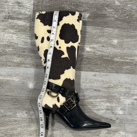 Colin Stuart Black and Cream Cow print Women's Leather Heeled Boots