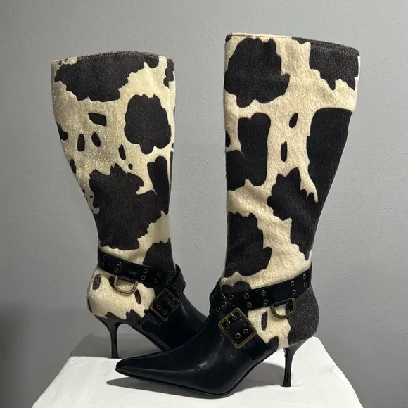 Colin Stuart Black and Cream Cow print Women's Leather Heeled Boots