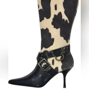 Colin Stuart Black and Cream Cow print Women's Leather Heeled Boots
